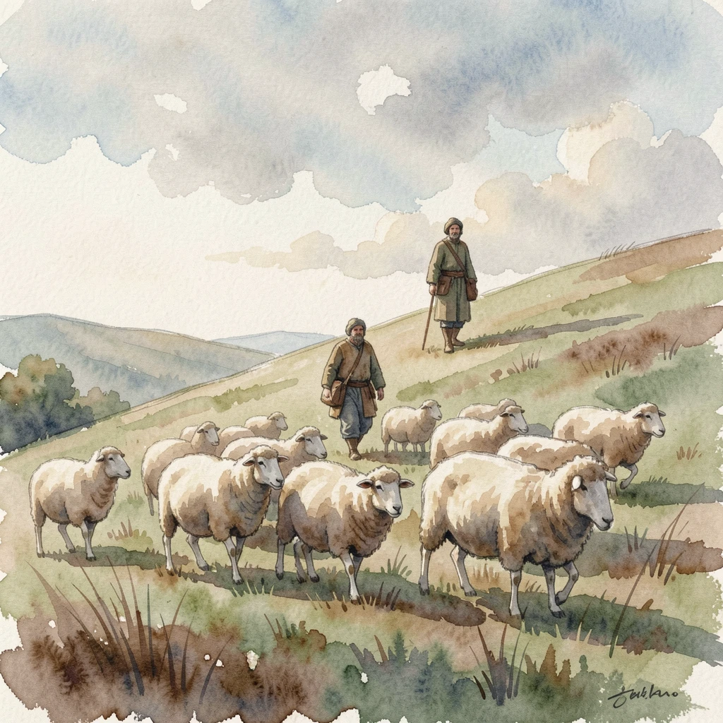 A shepherd walking with a flock across a hillside with a calm and contented expression.