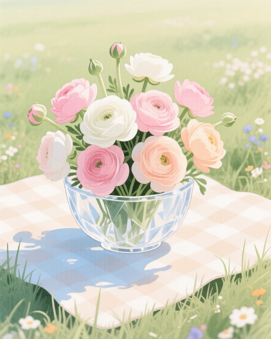 A bouquet of ranunculus in soft, layered tones fills a delicate crystal bowl on a picnic blanket in a meadow, petals catching the gentle light