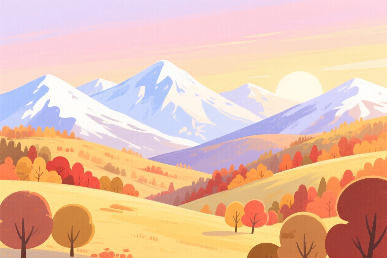 A sweeping view of a chain of snow-capped mountains at dawn during golden autumn.