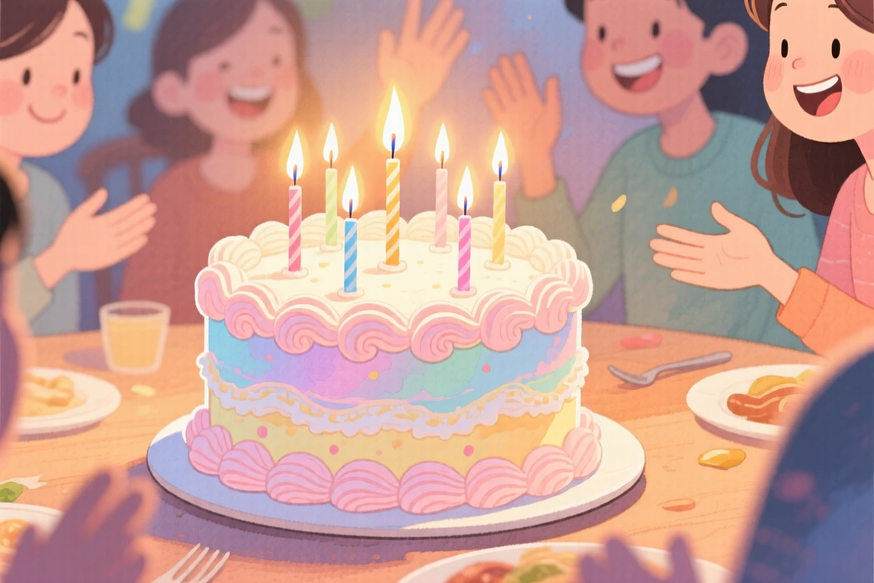 A birthday cake covered in swirls of buttercream and lit candles, filled with the simple pleasure of good food and good company.