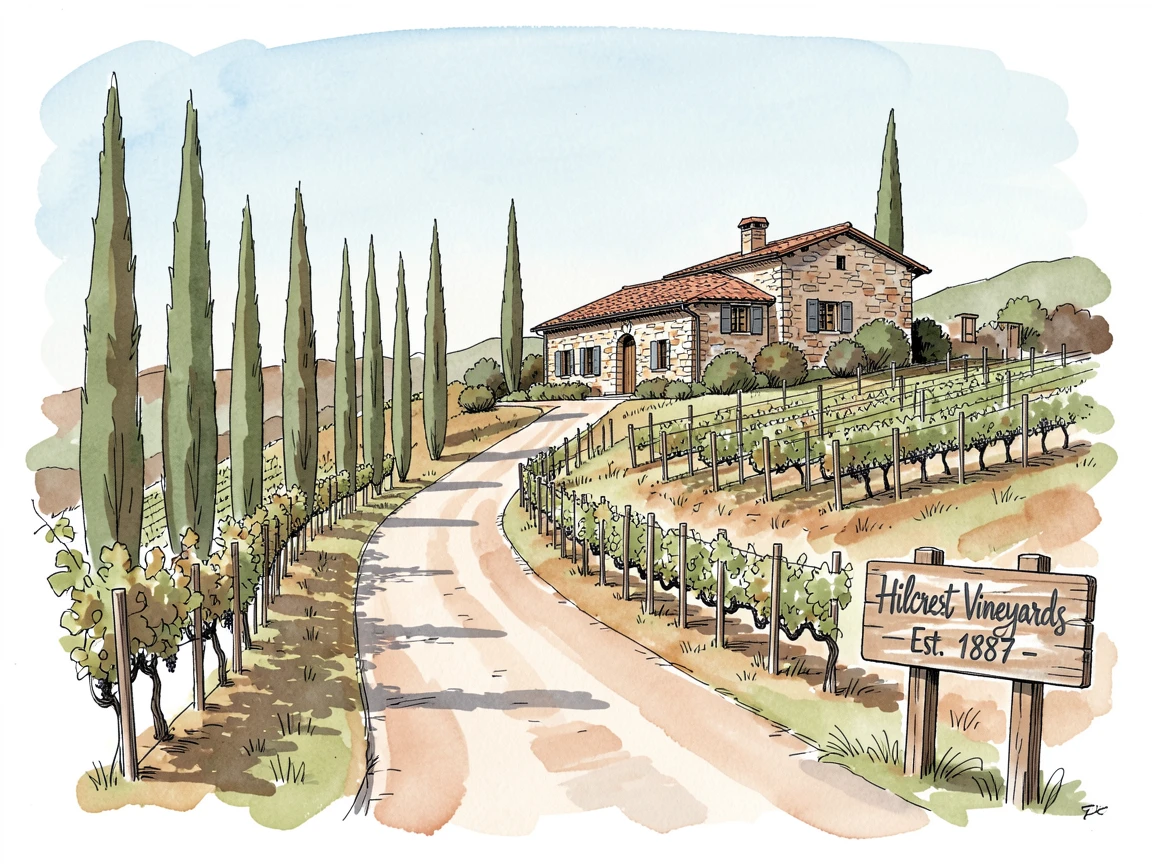A hillside vineyard estate with a long tree-lined driveway leading to a rustic stone farmhouse
