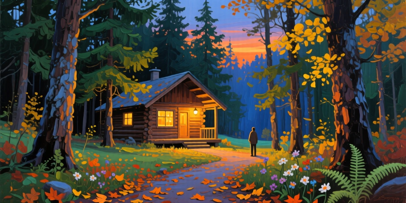 a cabin glowing through tall evergreens, during the first days of autumn, from an inviting eye-level viewpoint.