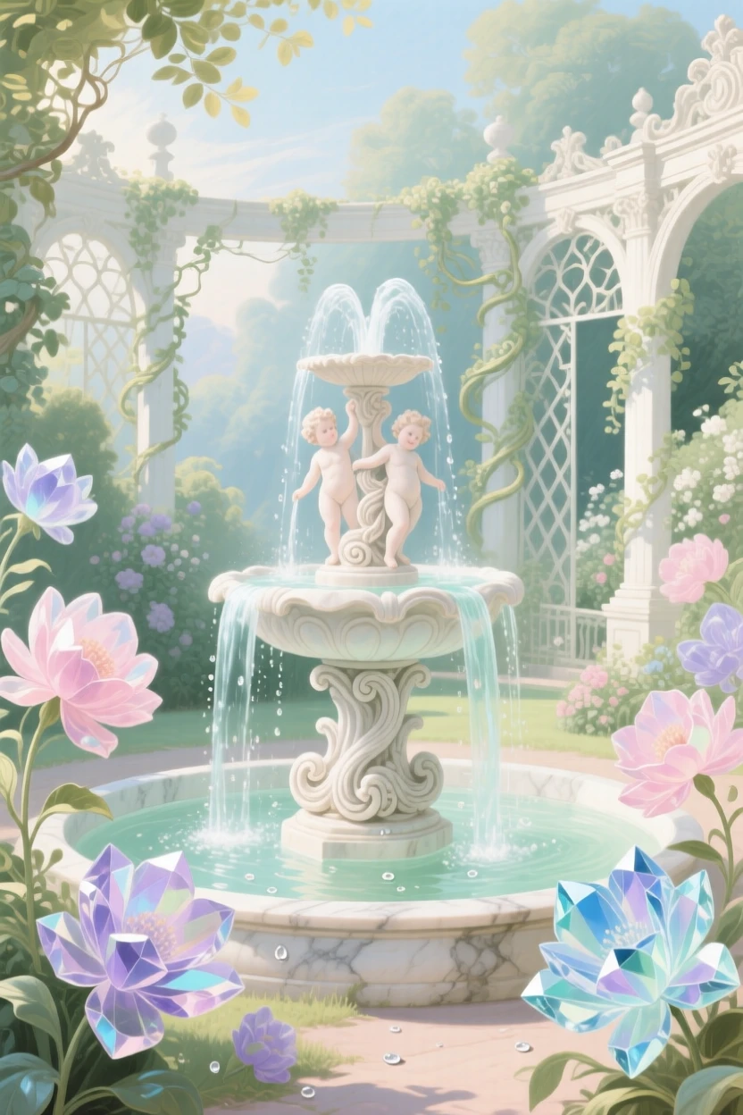 A fountain that pours sparkling water into a garden of crystal flowers  