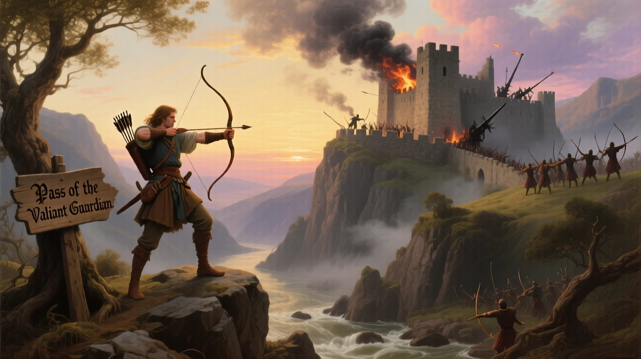 A fearless archer guards the pass from a besieged castle under attack as dawn breaks over the battlefield.