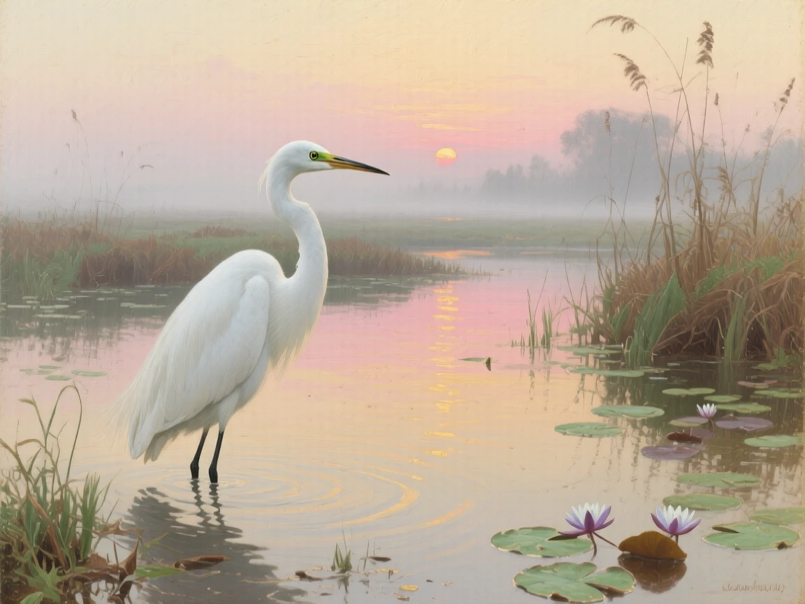 A snowy egret standing motionless in a still wetland at sunrise, its expression conveying an almost human sense of awareness, capturing a rare and intimate glimpse into wild life