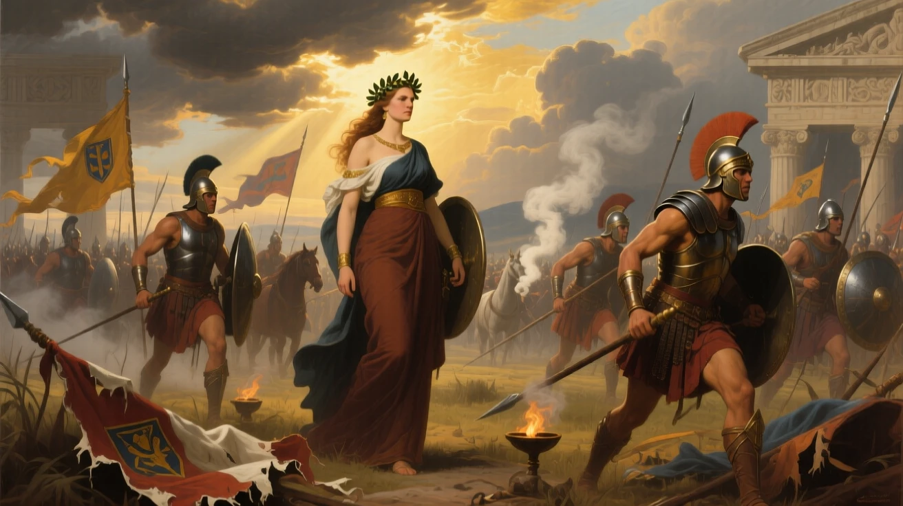 The Amazon queen Hippolyta leading her warriors into battle as golden light breaks through the clouds above, set on a windswept battlefield strewn with fallen standards, as smoke from ceremonial braziers curls upward past carved friezes; diagonal lines of spears and banners lead the eye to the central figure, evoking awe, destiny, and the weight of history.