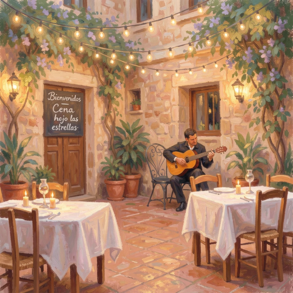A hidden courtyard restaurant in Seville strung with fairy lights and filled with the sound of flamenco guitar.