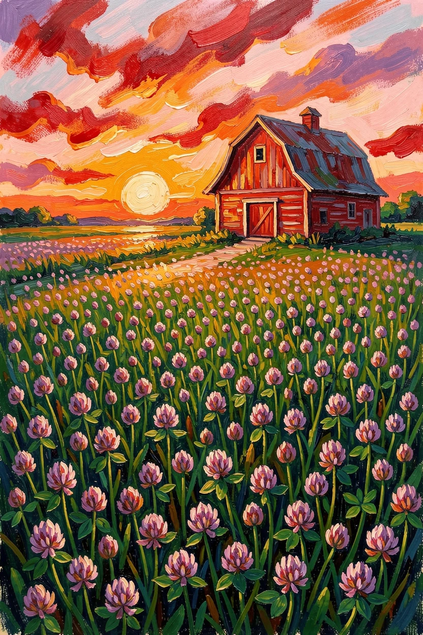A field of wild clover stretching toward a distant red barn at sunrise.