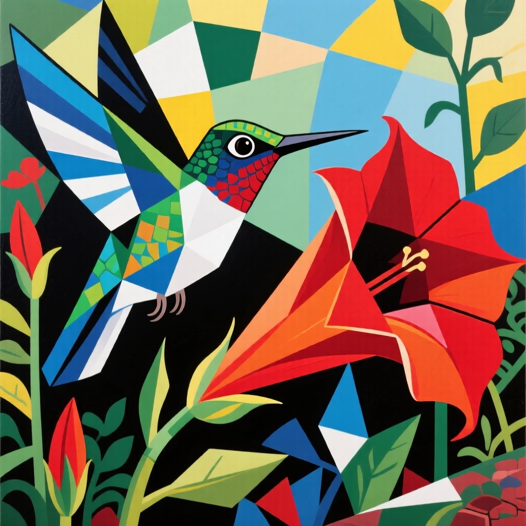 A hummingbird hovering beside a bright red trumpet flower in a garden.