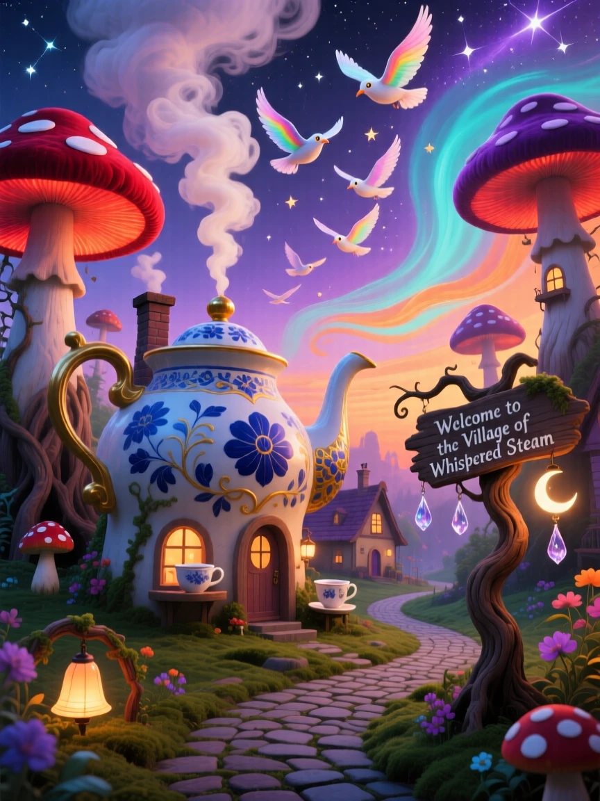 A village of houses shaped like teapots and toadstools hums gently with the quiet rhythm of everyday life, while smoke curls gently from a chimney into shapes of birds.