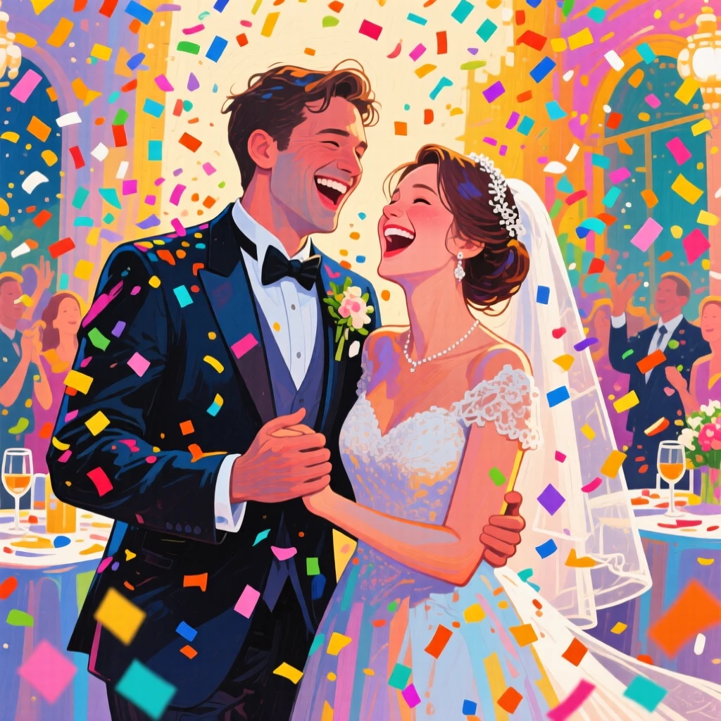 A newlywed couple laughing together as confetti rains down around them at their wedding reception