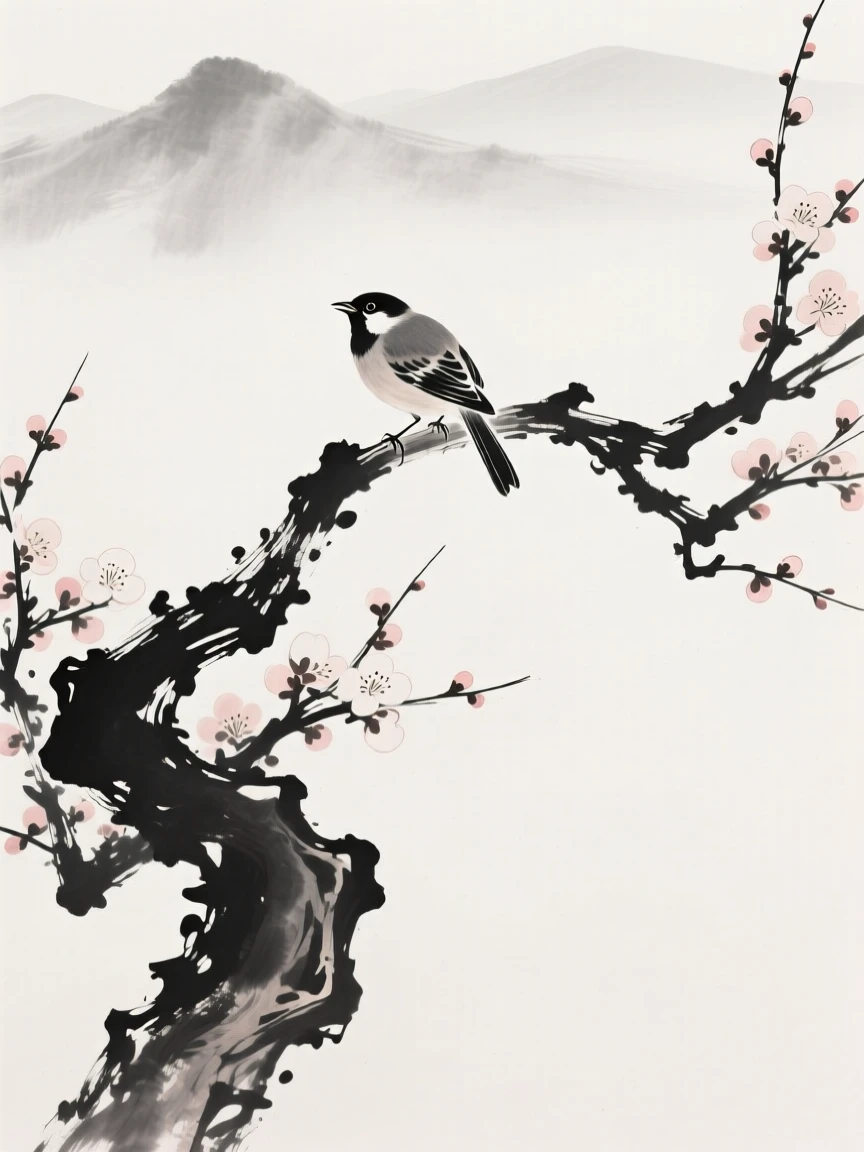 A finch sings from atop a flowering plum tree, with distant mountains fading into the mist.