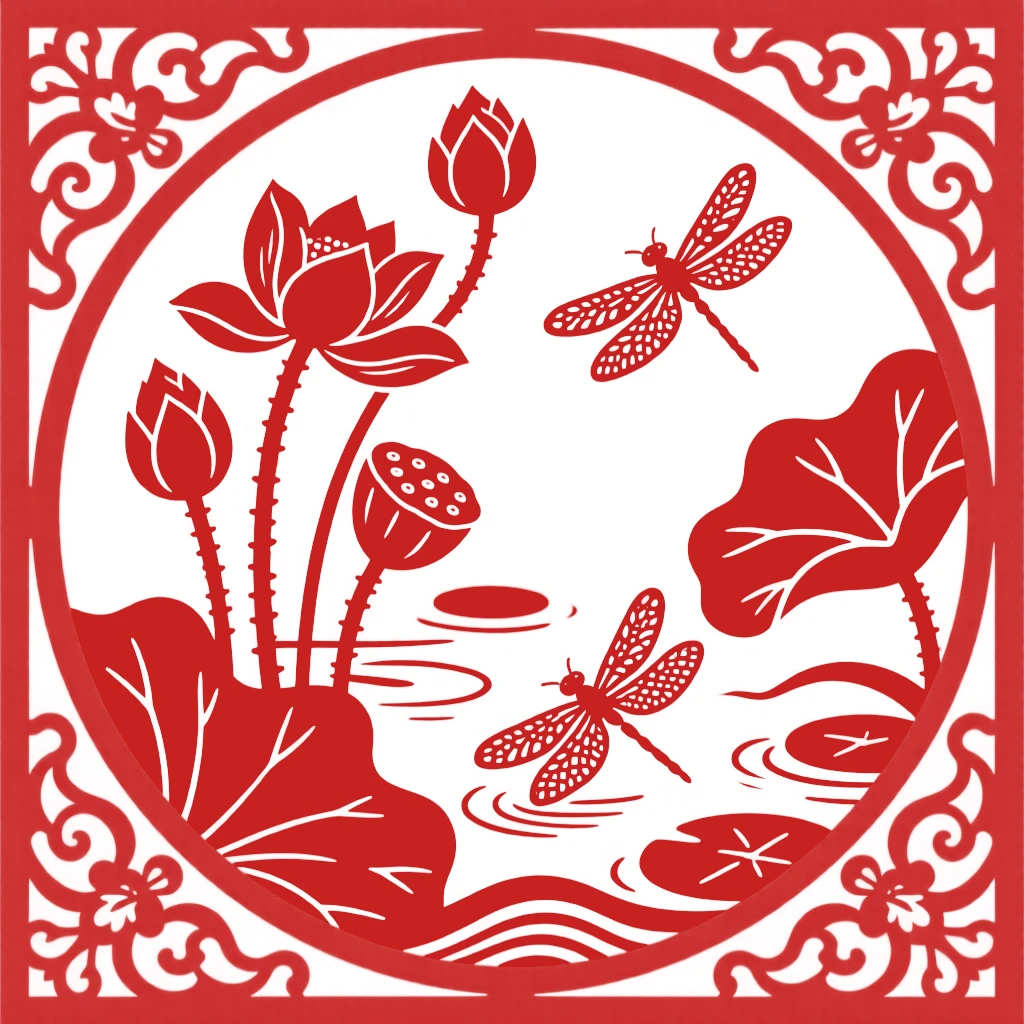 A lotus pond in late summer with seed pods standing among the last blooming flowers, dragonflies skimming the surface