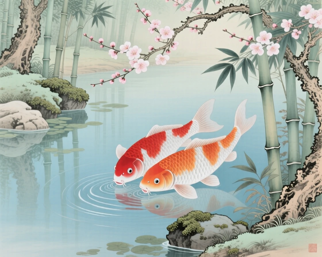 A pair of koi fish drinking from a still forest pool