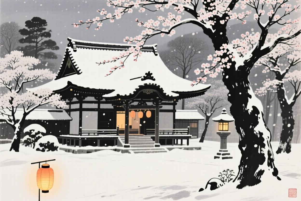 A quiet snowbound temple during the depths of winter beneath a canopy of blossoming trees, composed with warm lantern light glowing against a cool evening, evoking festive warmth and communal joy.