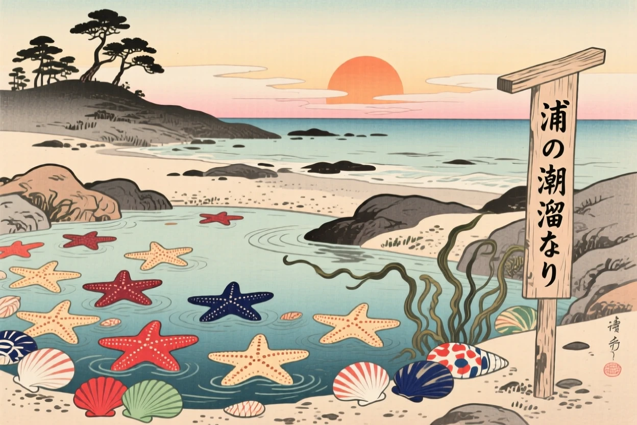 A tide pool teeming with starfish near a scatter of colorful shells, at sunrise.