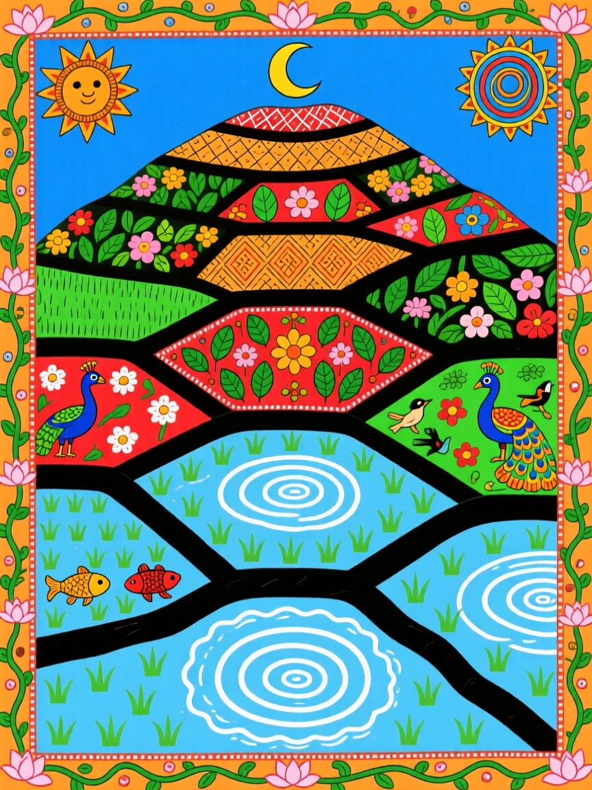 Terraced rice paddies climbing a hillside, each level catching the light.