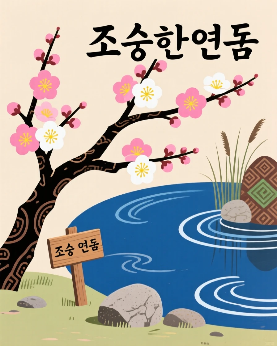 A branch of plum blossoms beside a quiet temple pond.