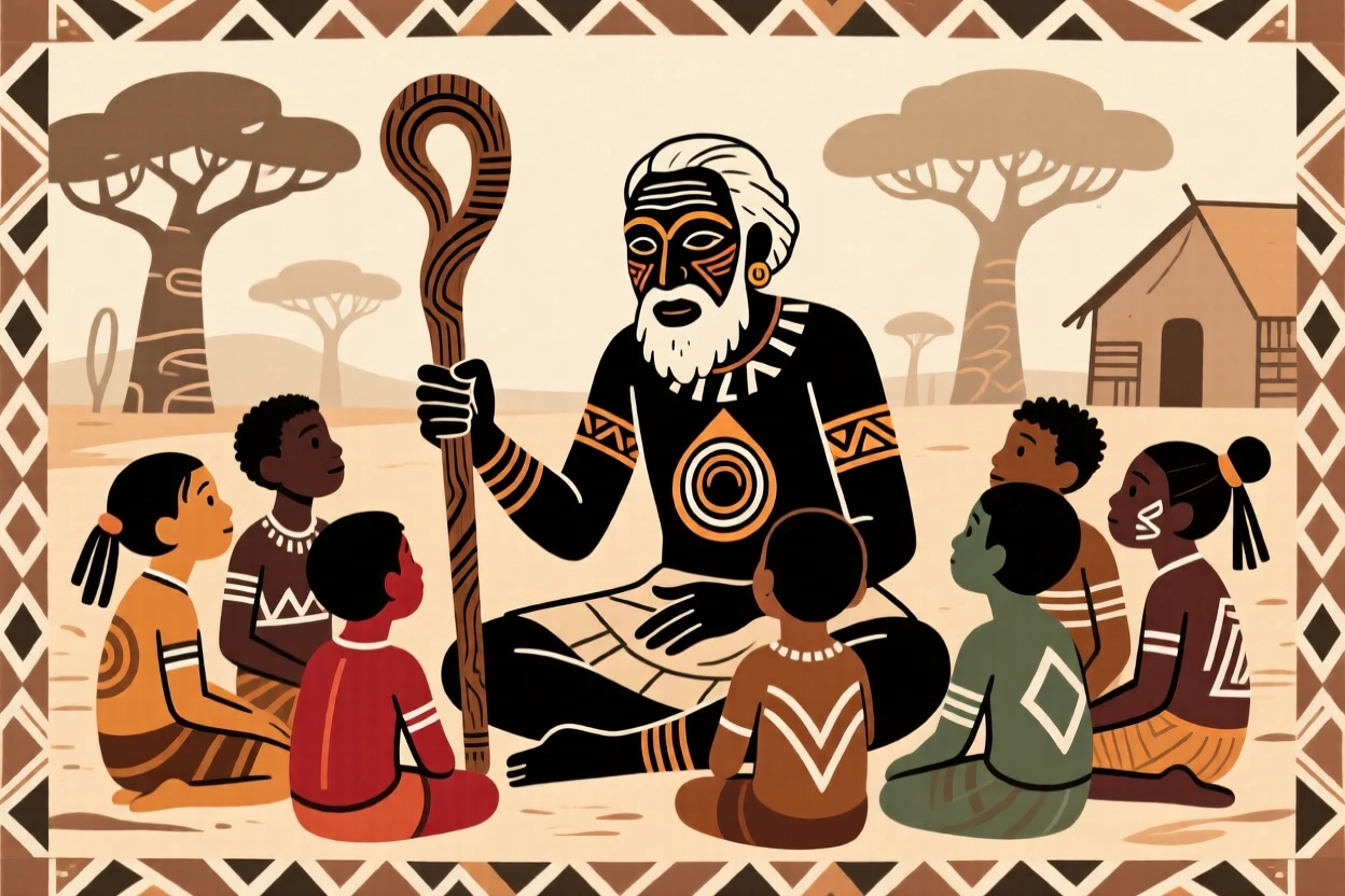 An elder passing wisdom to a circle of attentive children.