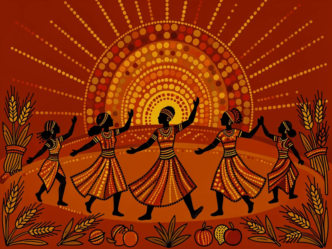 Dancers celebrating a traditional harvest festival at sunrise