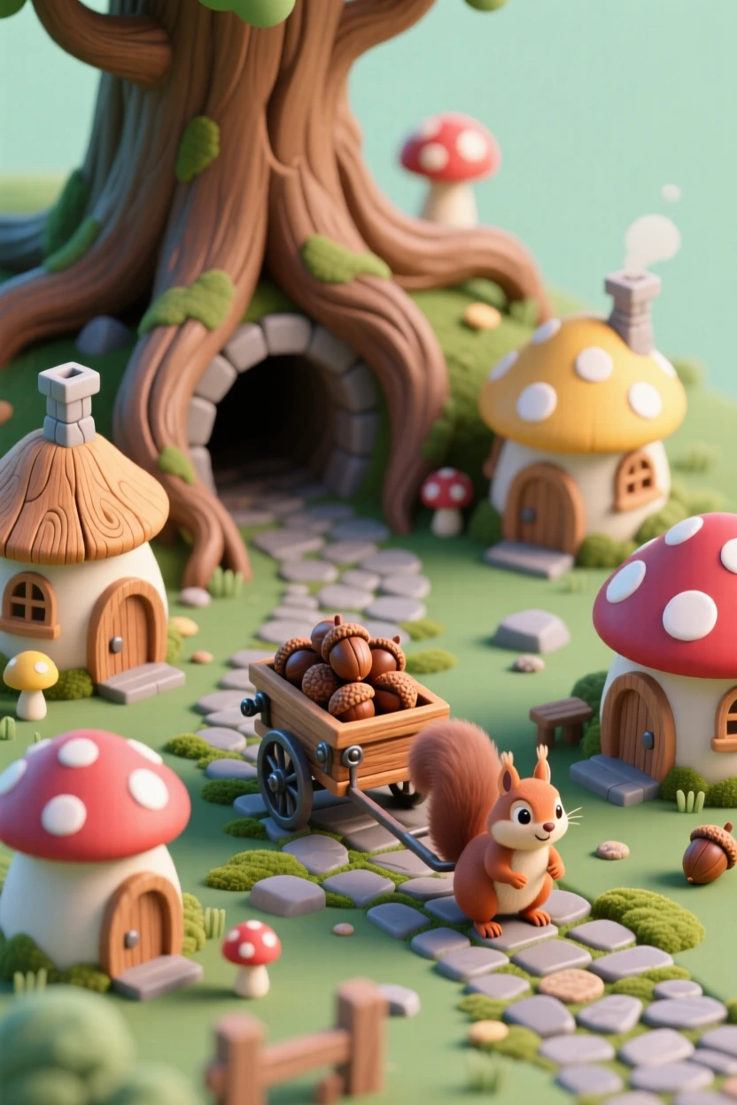 A gnome burrow village hidden beneath tree roots, with tiny mushroom-capped chimneys, cobblestone paths, and a squirrel-drawn cart delivering acorns.