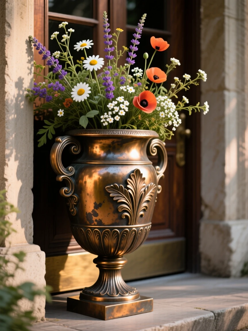 A decorative urn filled with wildflowers at a doorway, catching the light with rich, warm reflections, radiating elegance and refinement