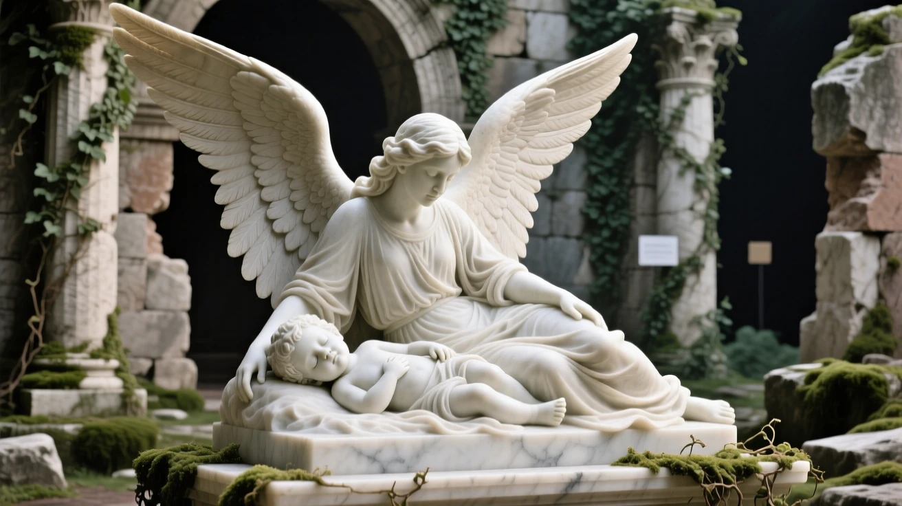 A guardian angel spreading protective wings over a sleeping child, amid ancient ruins reclaimed by nature, radiating power and legend