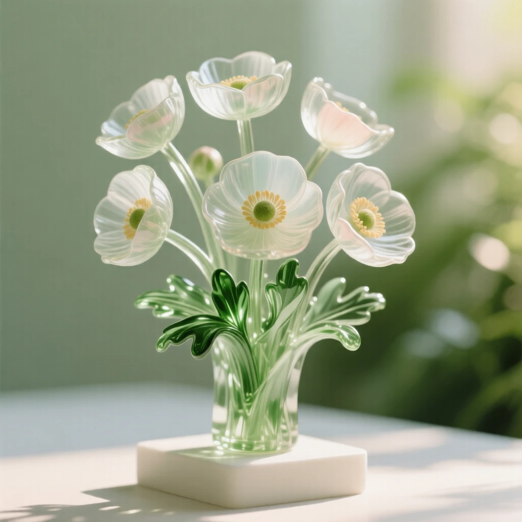 A bouquet of anemones in a lush garden setting with soft green foliage behind, gentle afternoon light, feeling romantic and inviting.