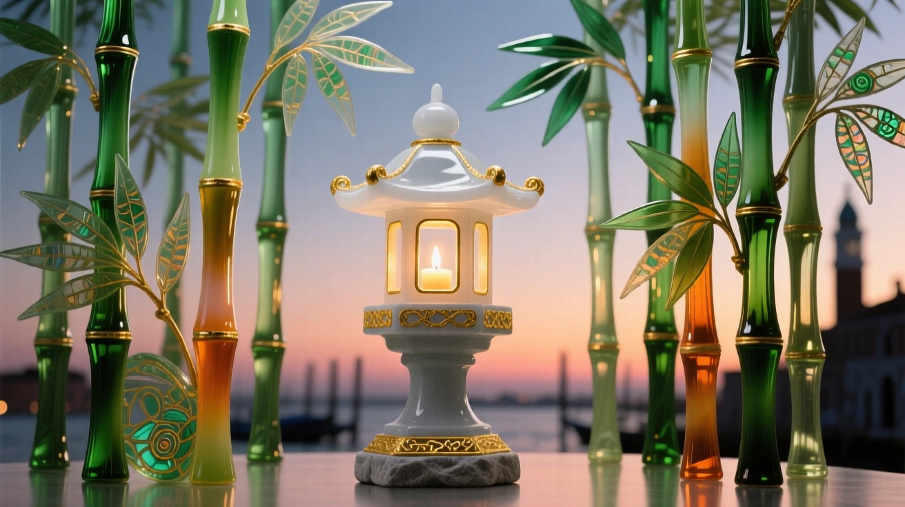A tranquil bamboo grove with a single stone lantern glowing softly at dusk, serene and contemplative.