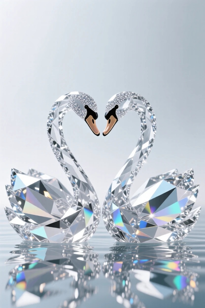 A pair of swans forming a perfect heart shape with their necks on a glassy lake.