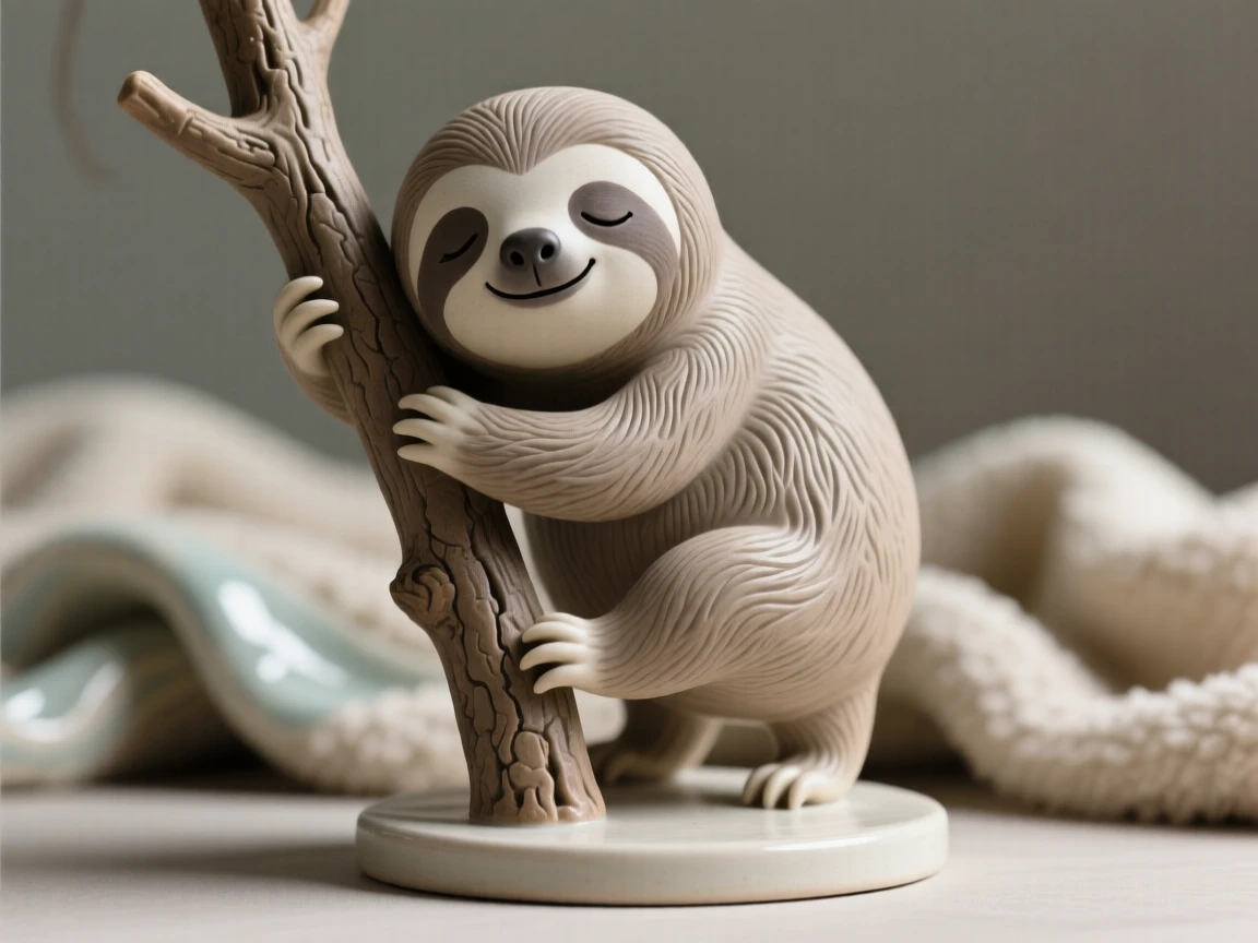 A sleepy baby sloth clinging to a branch caught mid-wobble in a first clumsy step, surrounded by soft, cozy textures, stirring an overwhelming urge to smile.