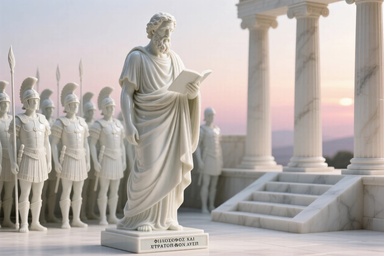 A regal Greek philosopher reviewing troops at dawn, surrounded by the trappings of a bygone era.