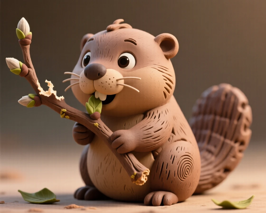 A baby beaver gnawing curiously on a fresh willow branch