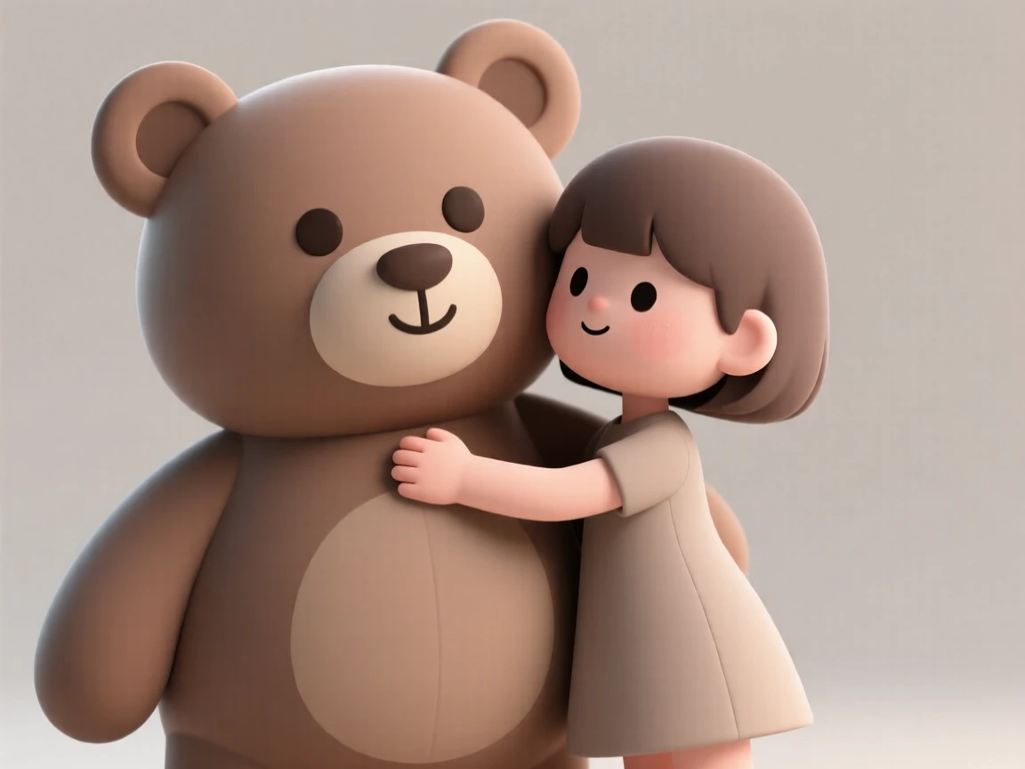 A young girl hugs a giant teddy bear nearly her own size, cheek pressed against its soft fuzzy fur.