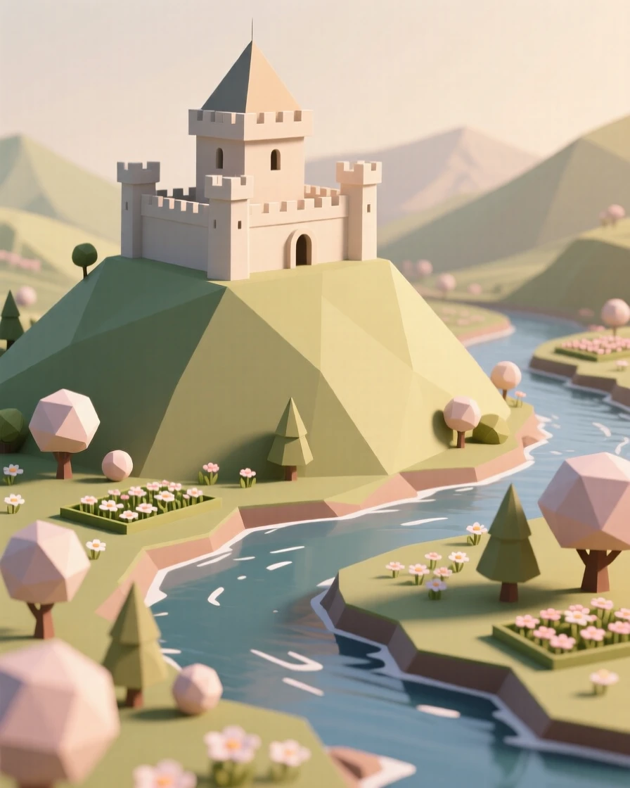 A hilltop fortress overlooking a winding river valley, surrounded by blooming spring gardens. the framing draws the eye along a natural leading line. There is a warm sense of nostalgia.