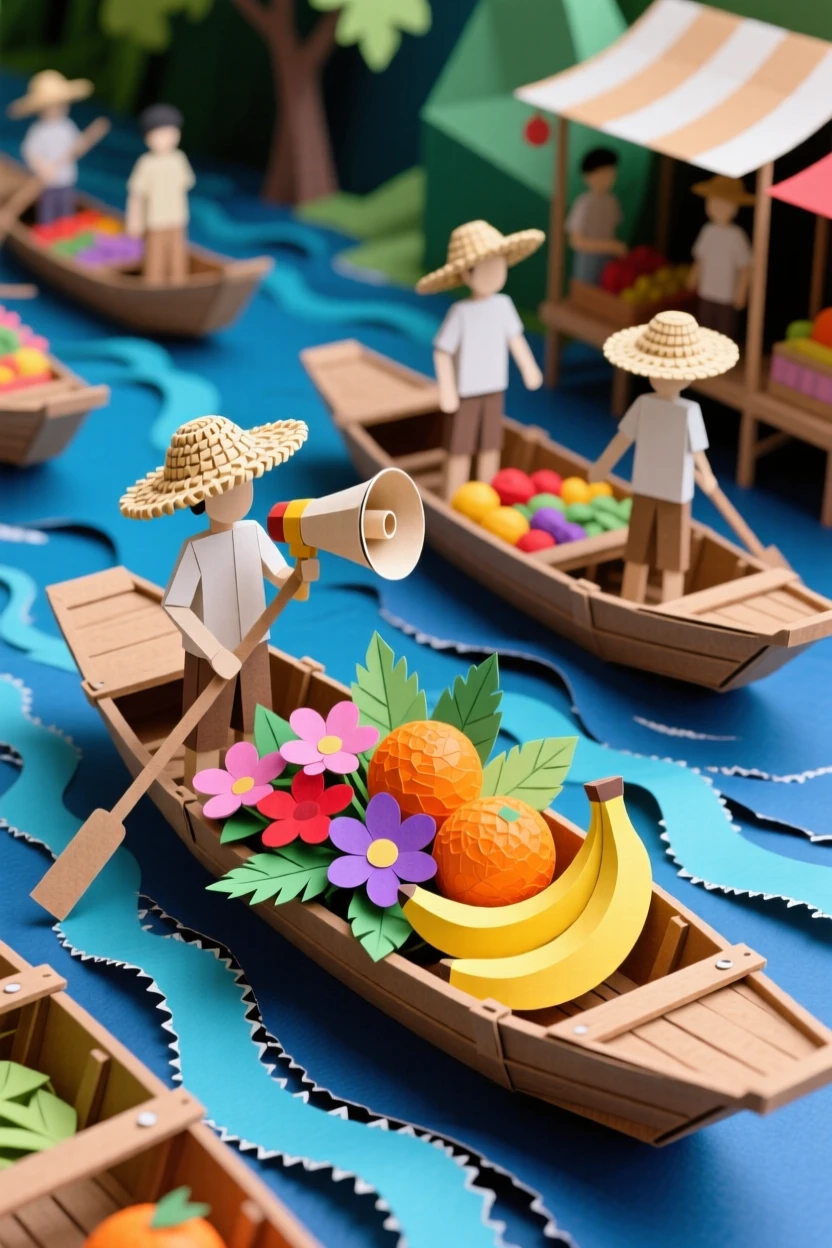 A vibrant floating market on a river, wooden boats piled high with colorful fruits and flowers, vendors calling out beneath woven straw hats, capturing lively cultural tradition.