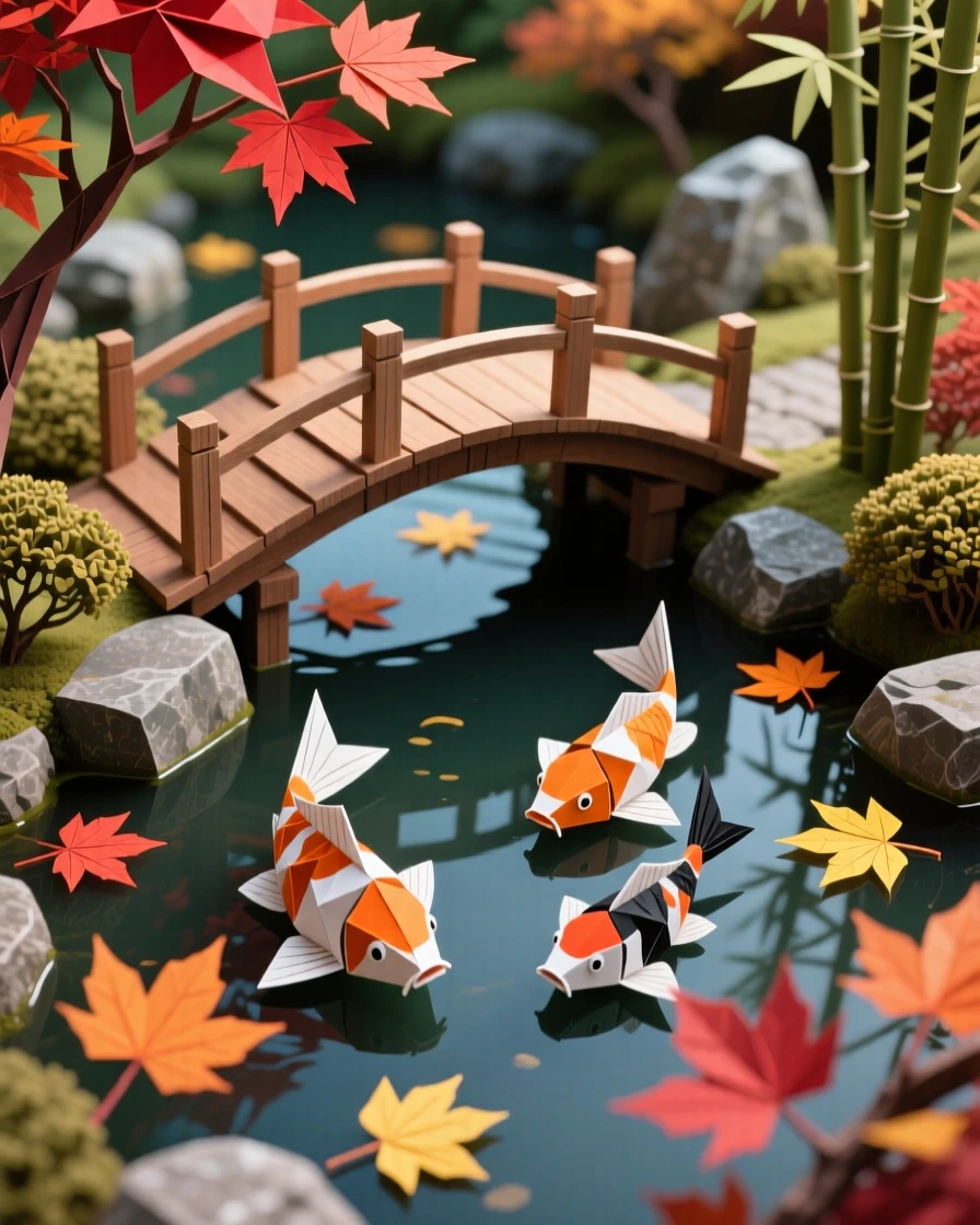 A tranquil Japanese garden with a curved wooden bridge over a koi pond, maple leaves in autumn color.