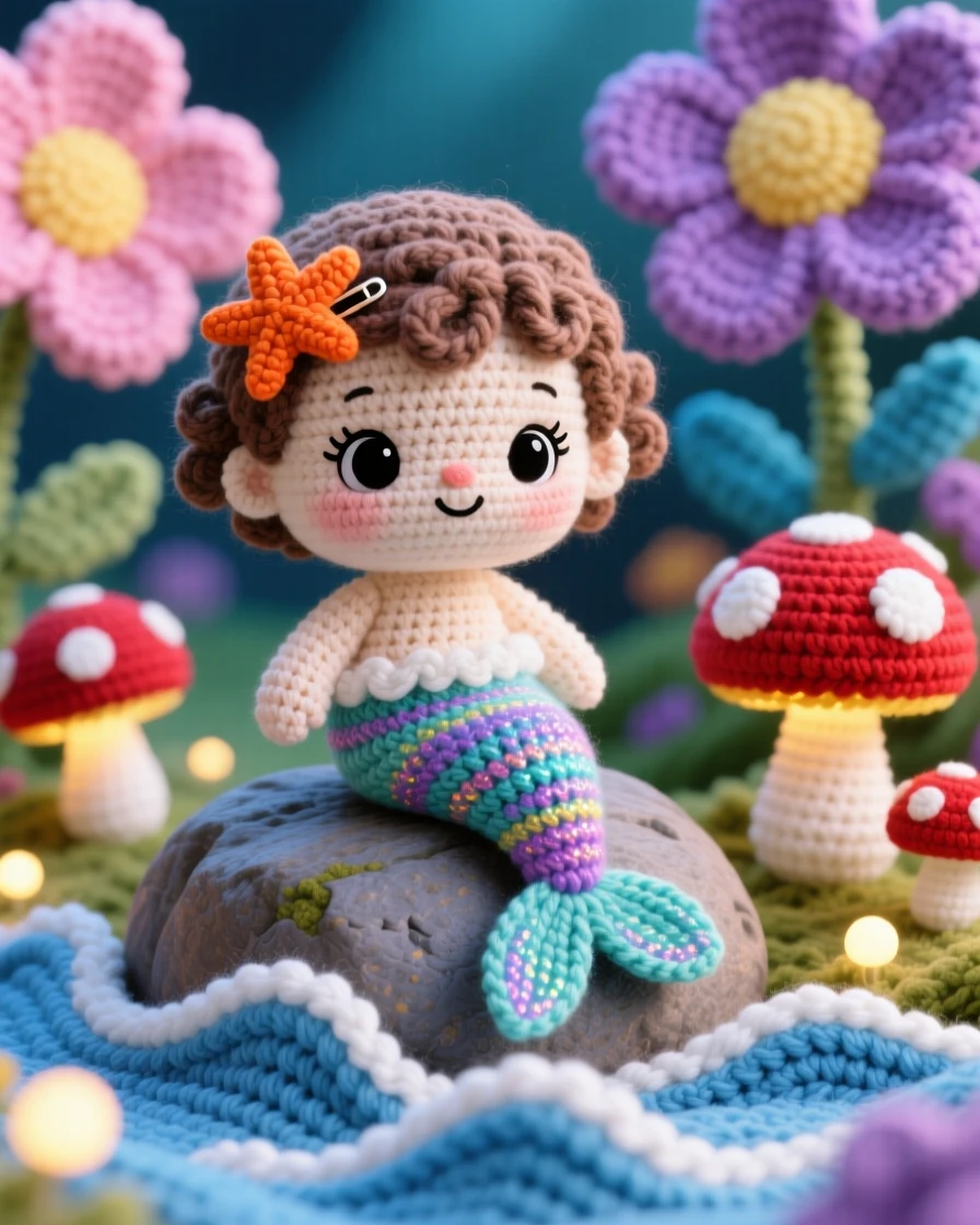 In an enchanted garden blooming with oversized flowers, a small baby mermaid with a shimmering tail and a starfish clip in her hair is captured perched on a smooth rock above the waves, surrounded by a ring of softly glowing toadstools, filled with curious innocence meeting a magical world.