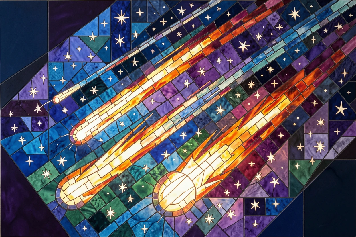 A dramatic close view of a meteor shower streaking across a star-filled night sky, glowing with rich cosmic color.