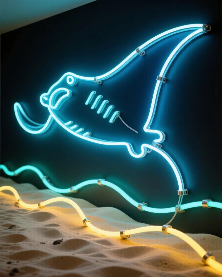 A giant manta ray gliding over a sandy seabed.