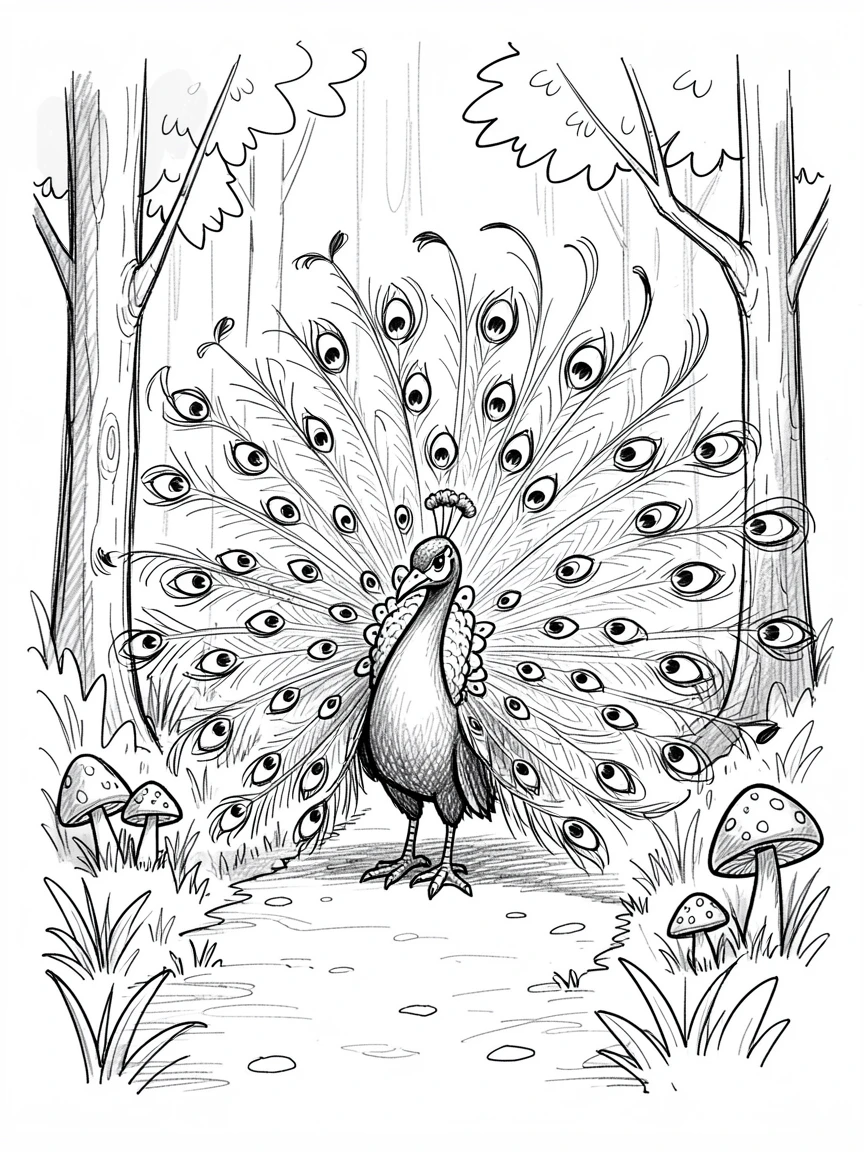 A peacock displaying its feathers along a quiet forest trail.
