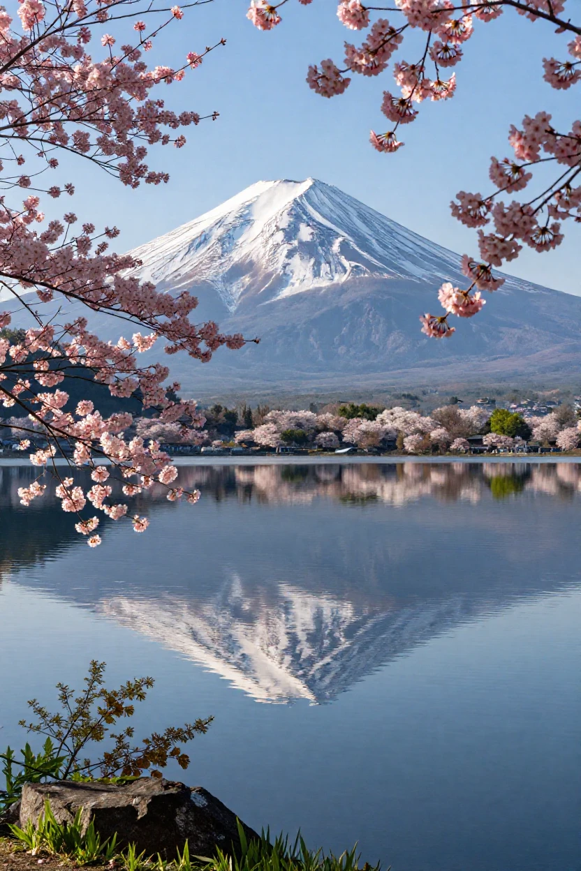 Mount Fuji reflected in a still lake during cherry blossom season