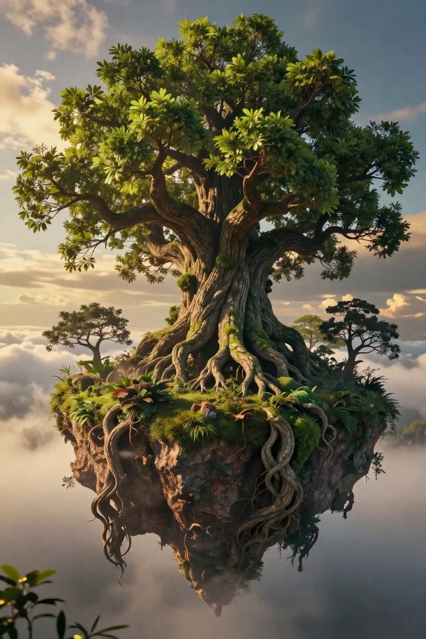 A towering treant guarding an ancient grove standing atop a floating island in the clouds