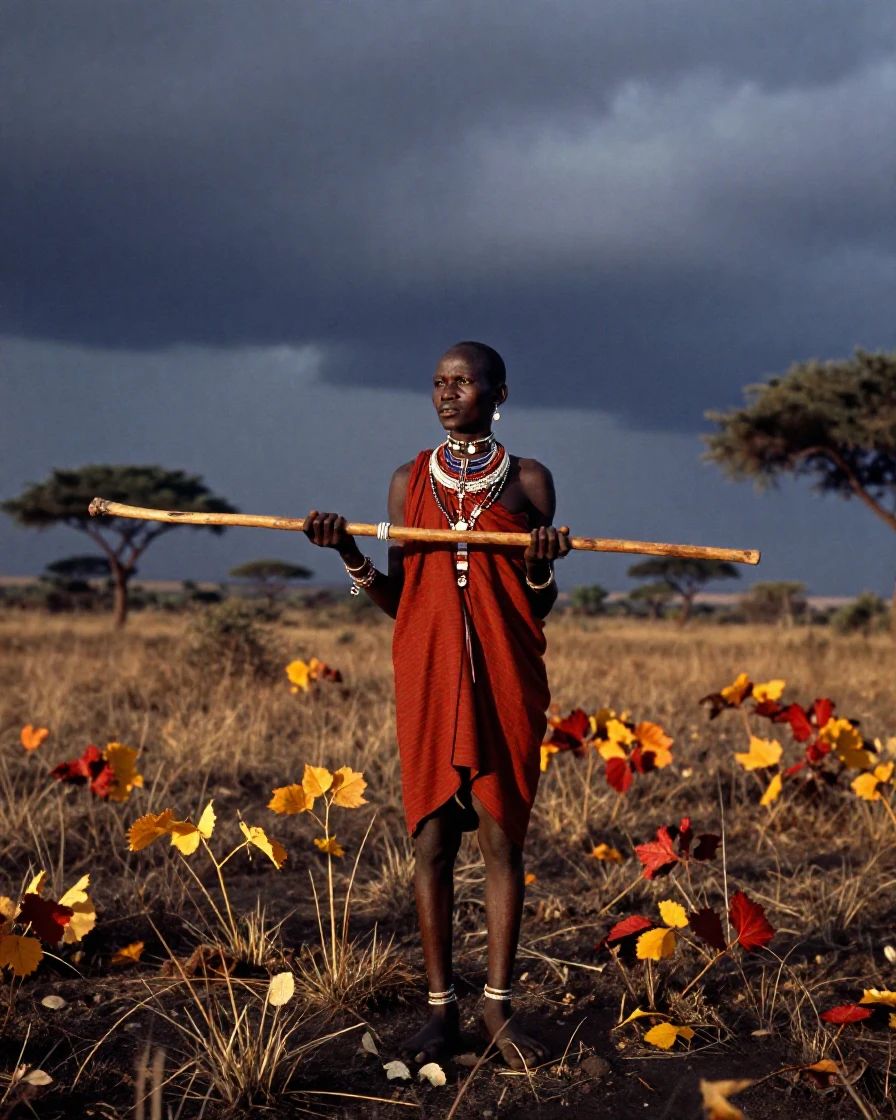 A young Maasai herder standing tall with a wooden staff across the savanna, in cool blue twilight, under a darkening storm sky, as autumn leaves turn gold and red, dominated by warm amber and rust tones, captured from a low angle looking up.
