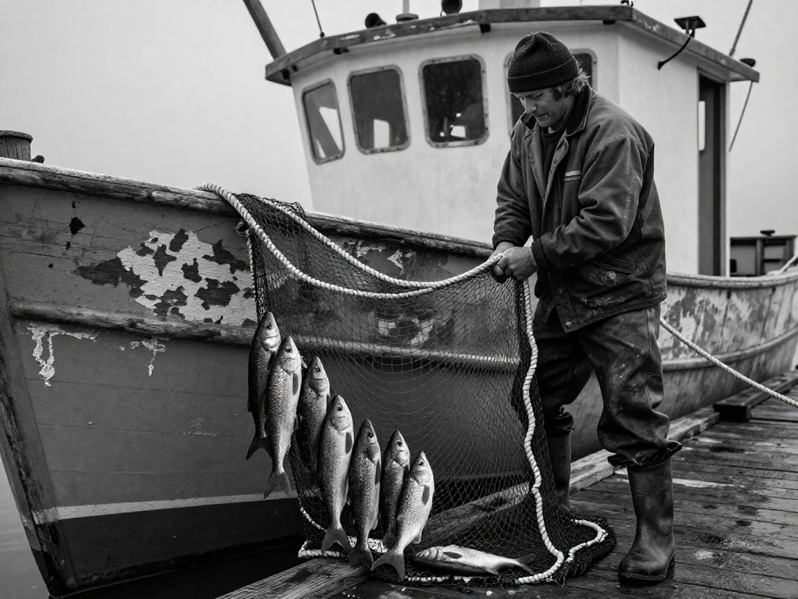 A fisherman hauls in a net full of fresh catch beside a weathered fishing boat.