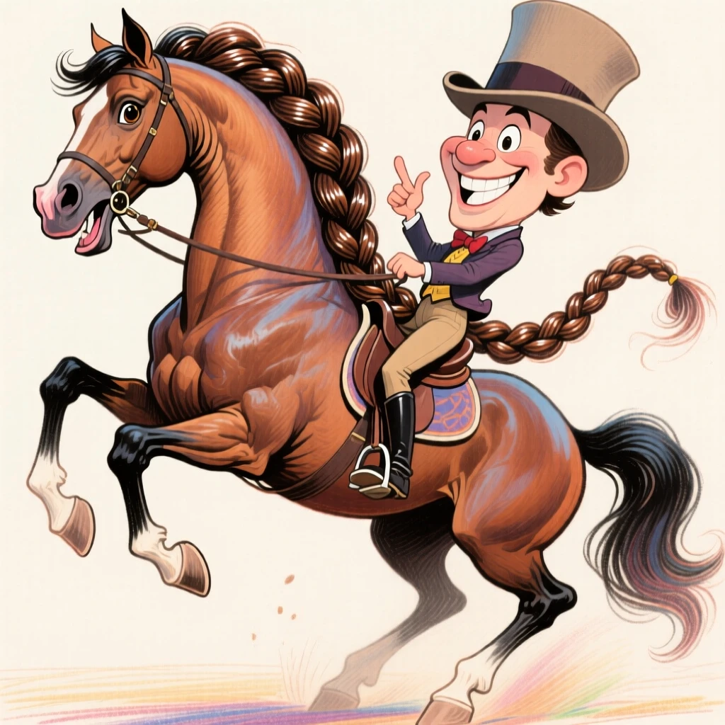 A proud show horse with a braided mane, rearing slightly with a rider tipping her hat.
