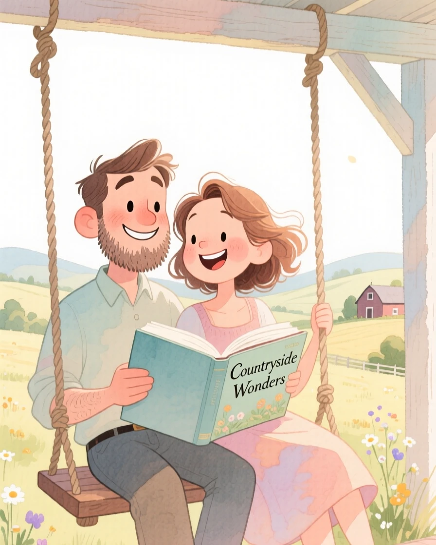 A couple on a countryside getaway reading the same book together on a porch swing