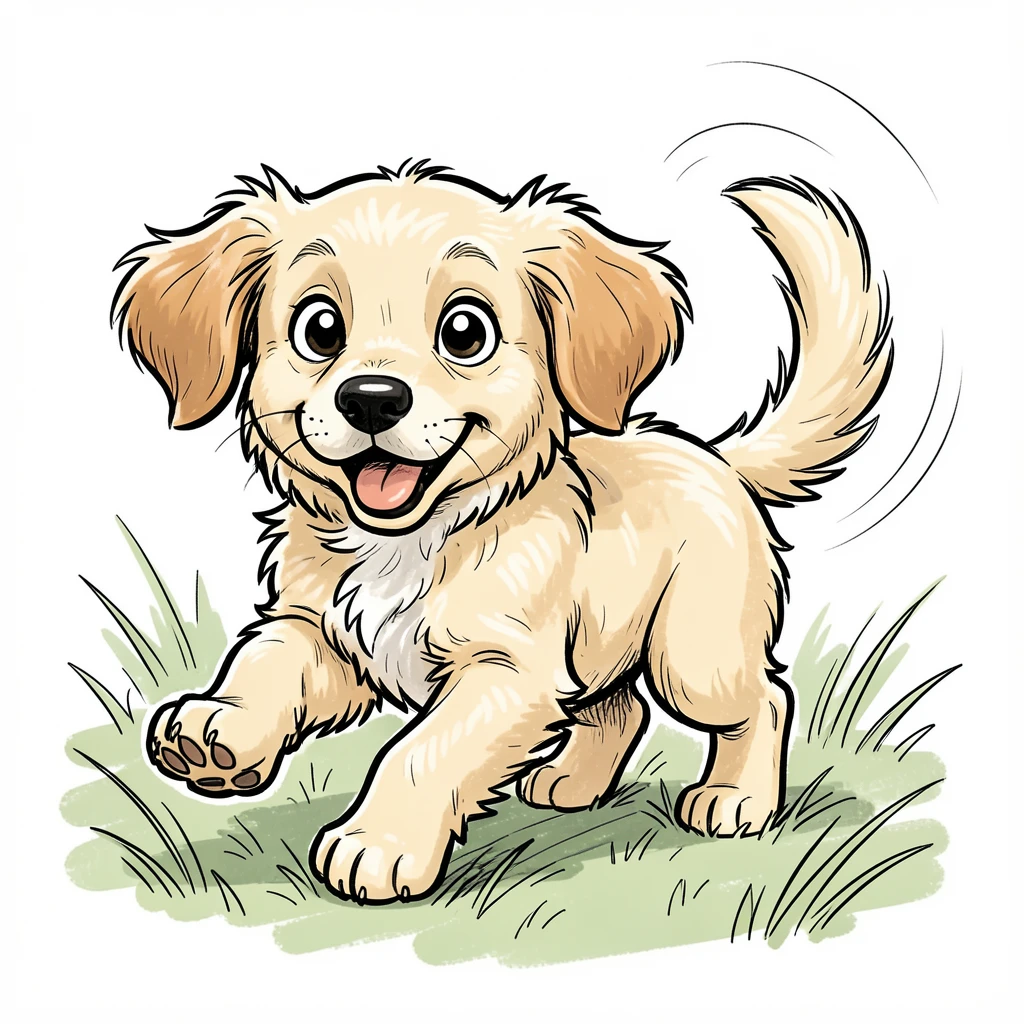 [Cute Animals & Pets] Adorable scene of a fluffy golden retriever puppy chasing its own tail in a grassy yard, bursting with charm and playful energy