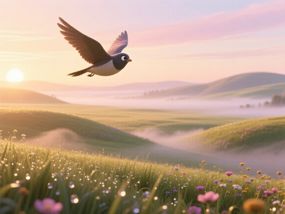 A meadow at first light glows while a soft mist rolls gently across the ground, with a lone bird gliding silently overhead. The mood is serene, vast, and quietly majestic.