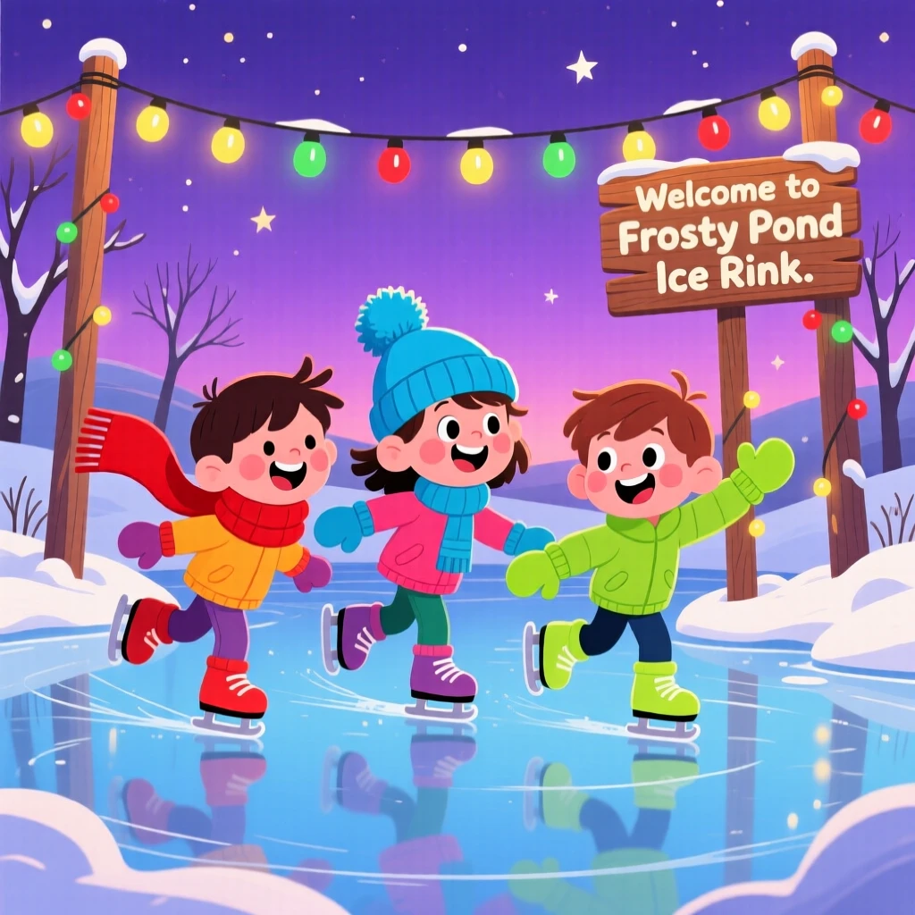 Children ice skating on a frozen pond under string lights.